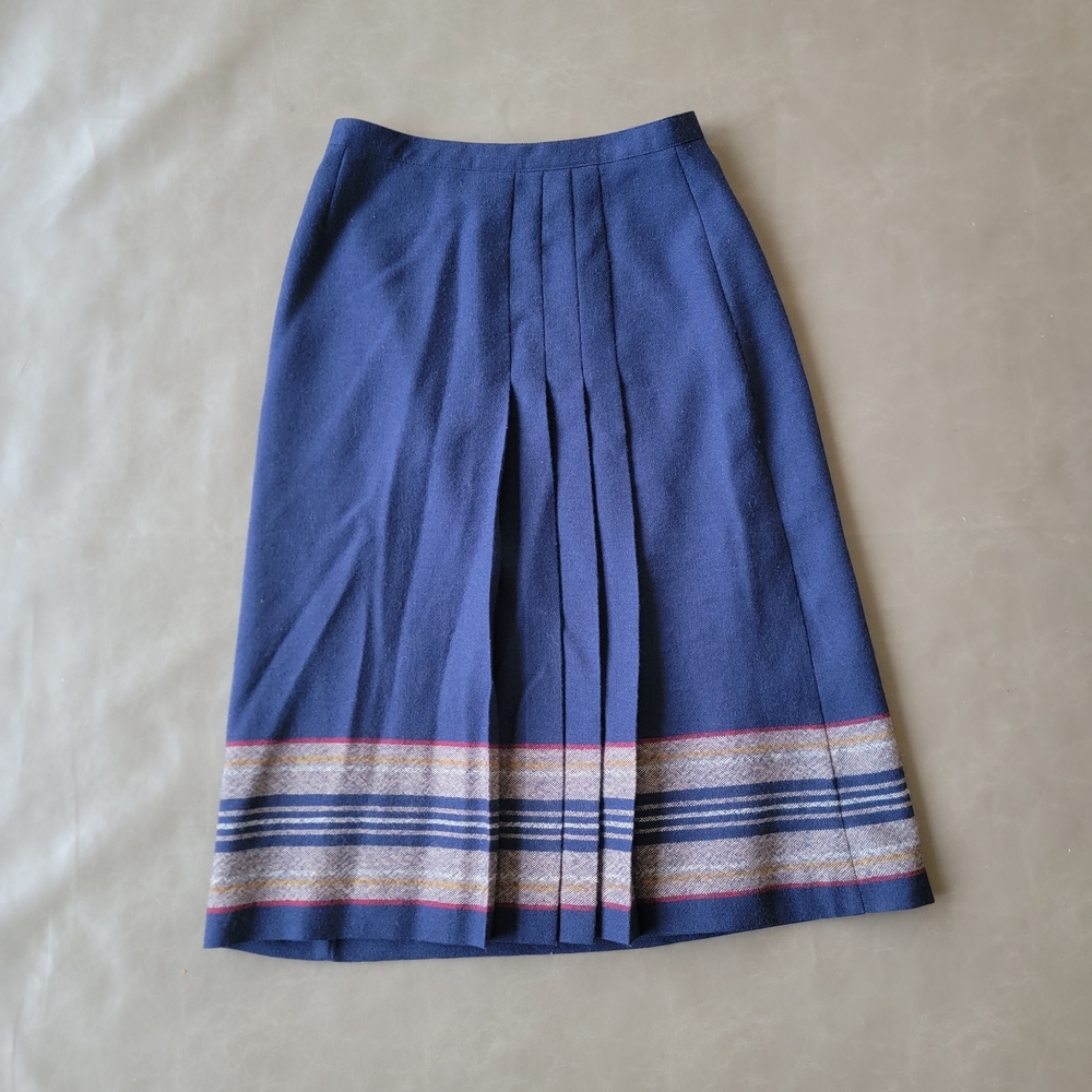 Vintage Koret Skirt 100% Wool. Pleated Midi Skirt. Blue Stripe. 70s, 80s, Small
